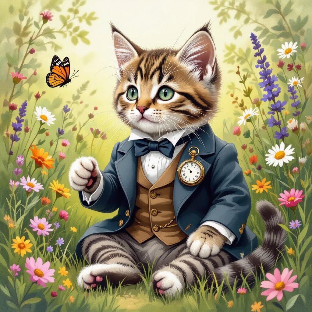 Victorian Kitten in Garden, Beatrix Potter Style