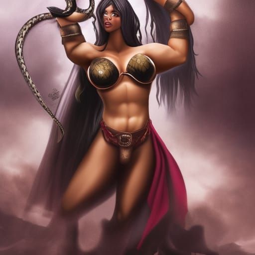 Muscular Brown-Skinned Girl with Snakes, Detailed Digital Ar...