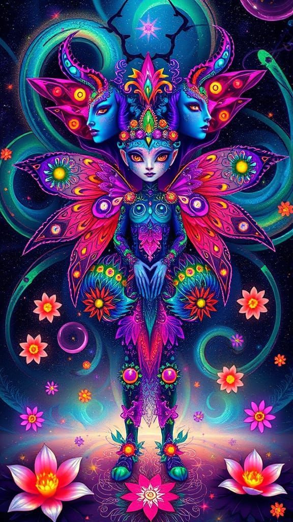 Vibrant, iridescent-costumed glow whimsical fantasy landscap...