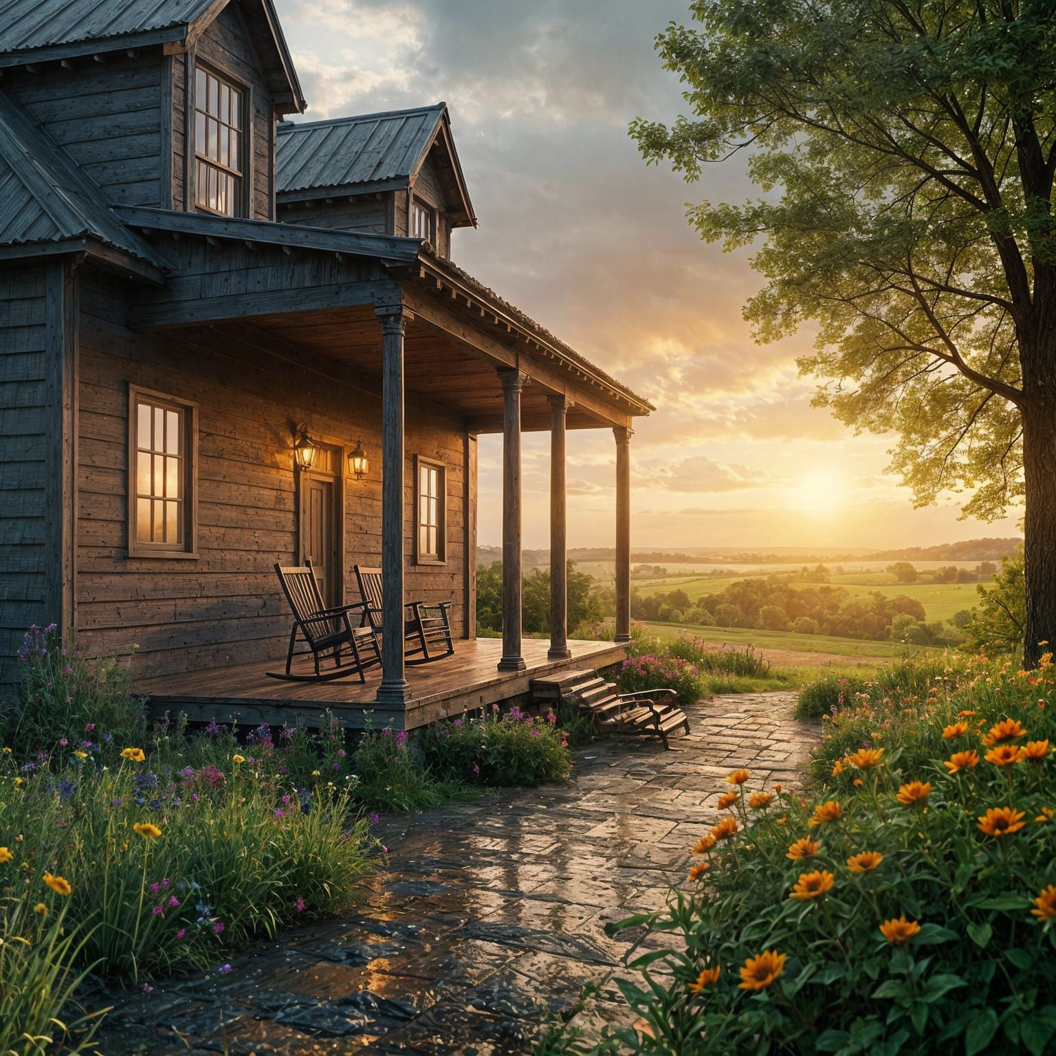 a beautiful country house with a large covered porch. rockin...