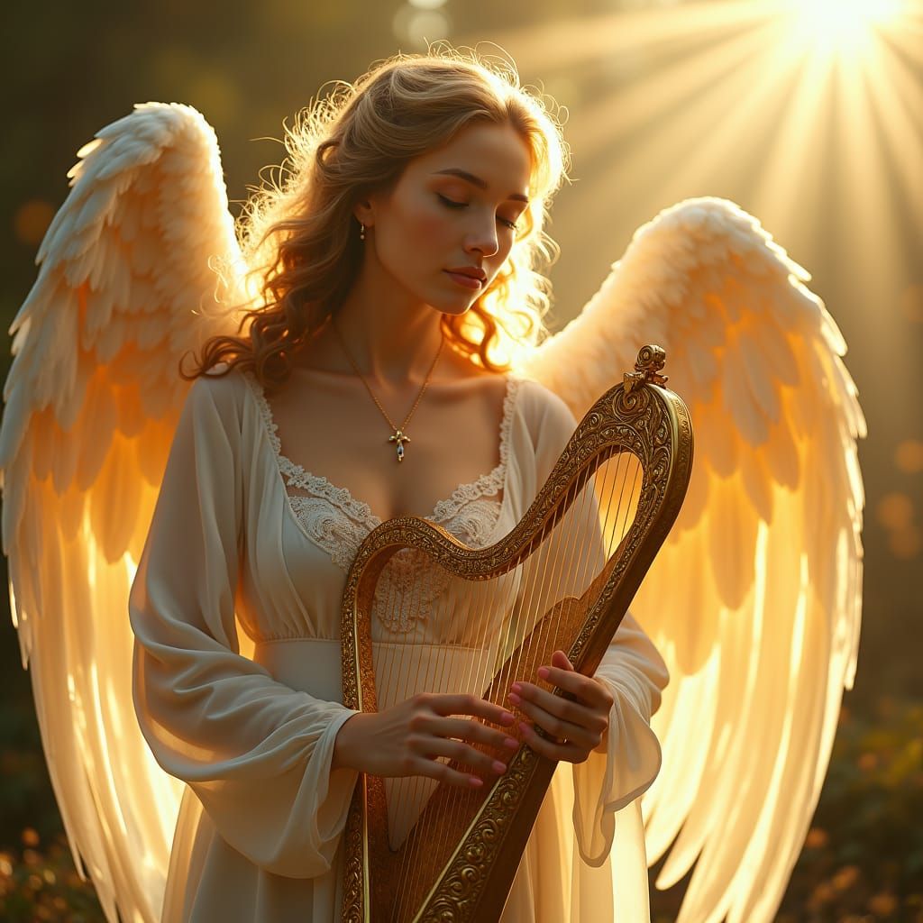 Serene Angel Playing Harp in Celestial Light