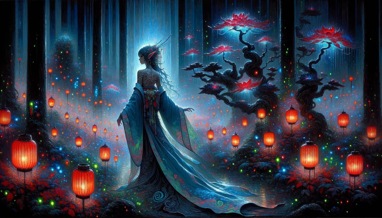 Stunning Tattooed Elf in Bioluminescent Garden as Impasto Ar...