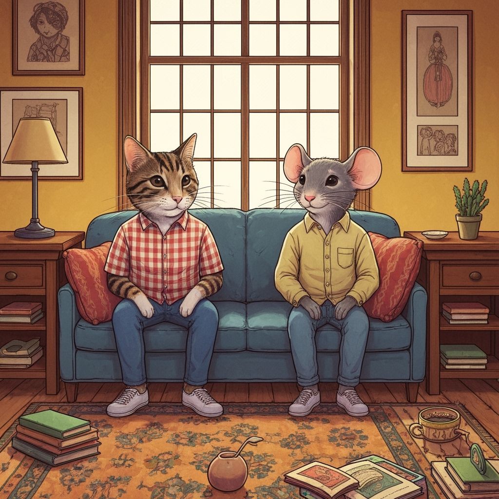 Cat and Mouse Friends on Couch in Whimsical Style