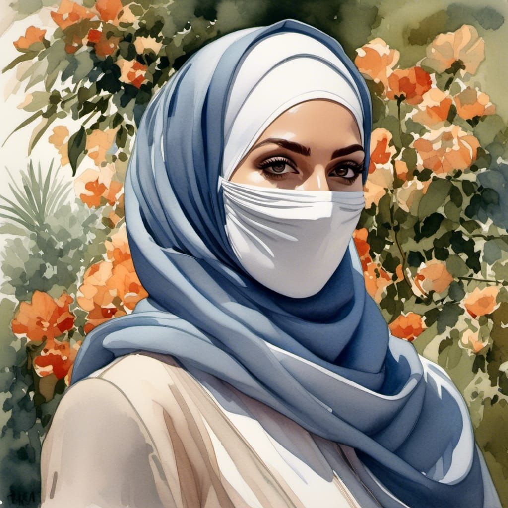 Stylish Hijabi Woman in Botanic Garden Watercolor