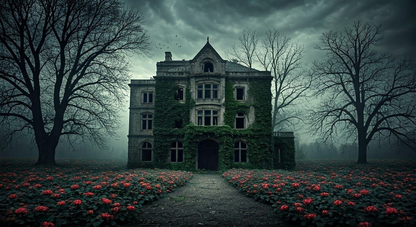Abandoned Mansion with Red Light, in Dark Surrealism