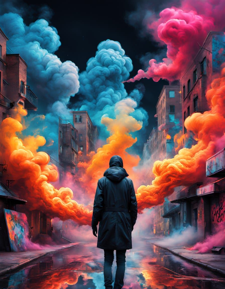 Mysterious Figure Emerge from Smoky Graffiti Cityscape in Cy...