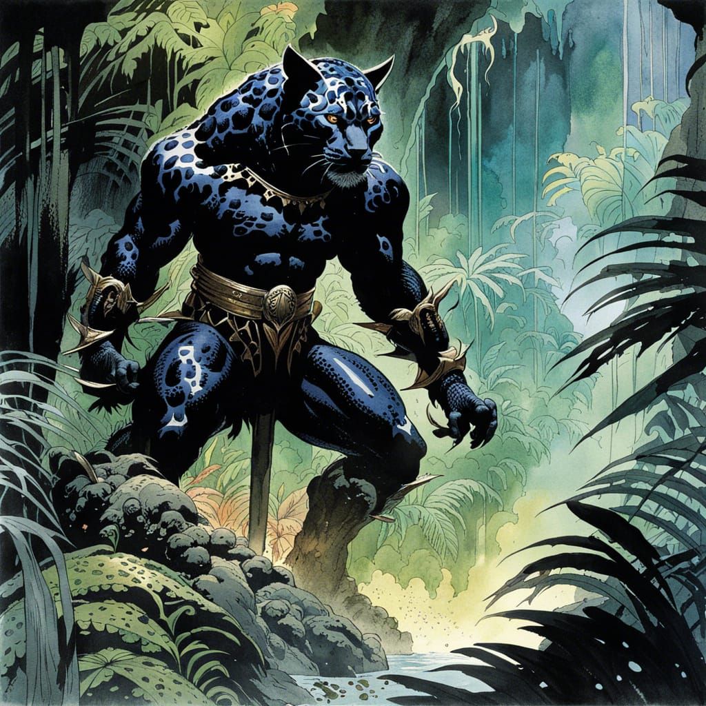 Panther Warrior in Jungle, Watercolor Comic Art