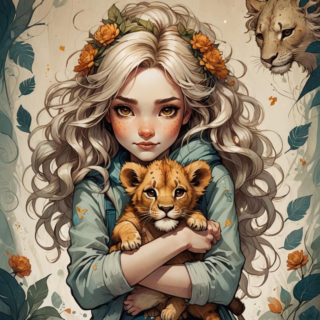 Girl with Lion Cub in Whimsical Digital Illustration