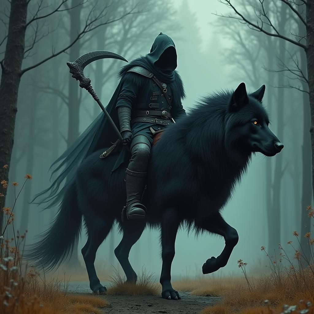 Viking Reaper Riding Wolf in Valhalla, Mystical Art