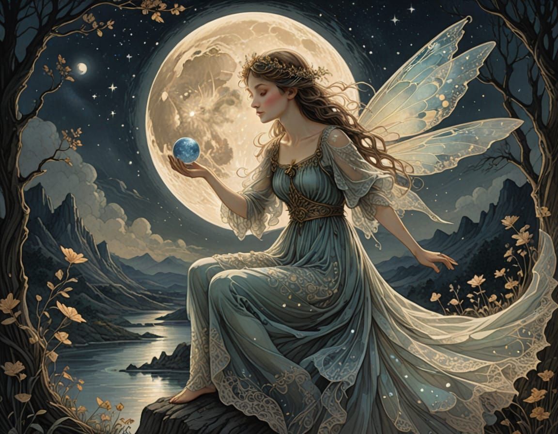 Ethereal Fairy Cradles Full Moon in Delicate Hands
