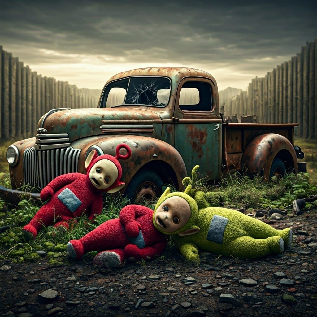 Abandoned Teletubbies Mourn in a Deserted Junkyard