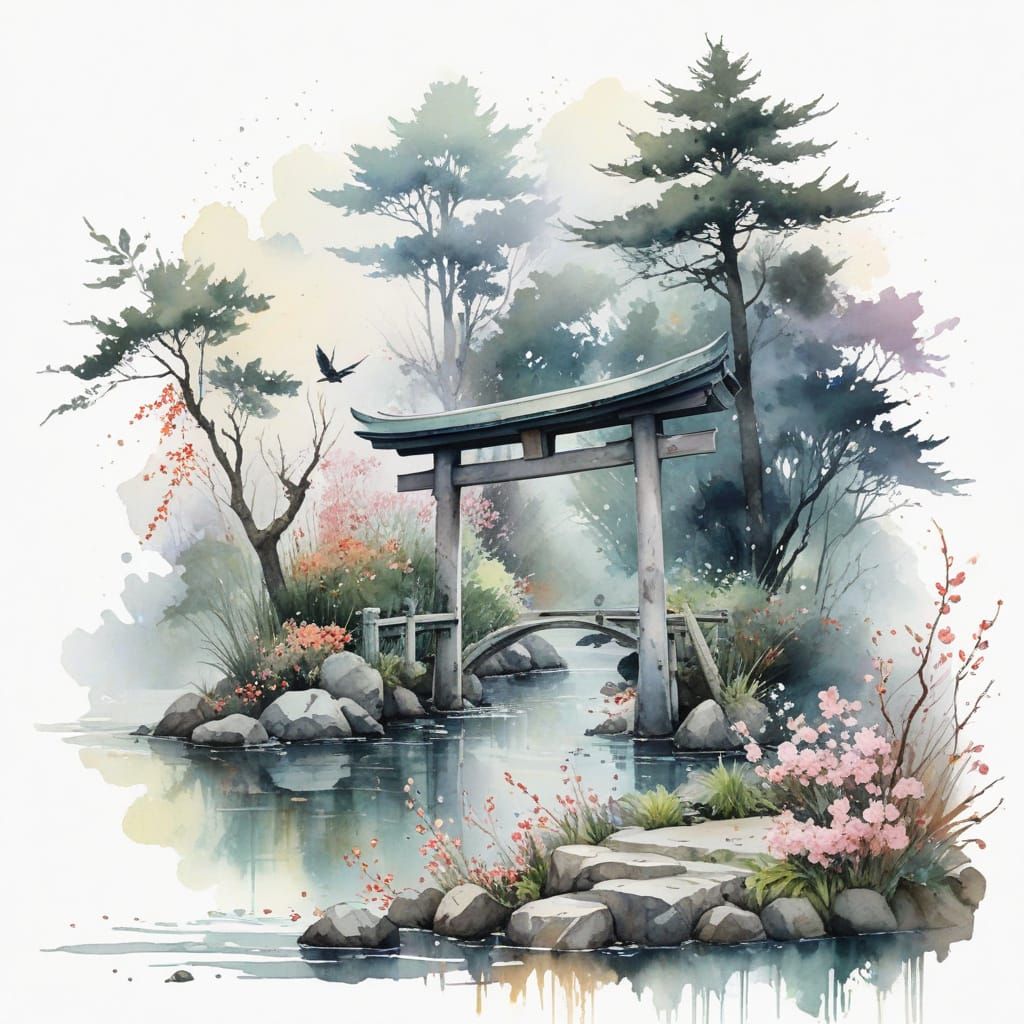 Crane by Torii Gate in Expressive Watercolour