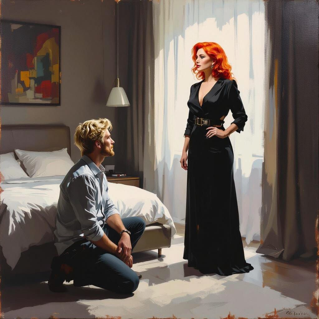 Man Kneels Before Powerful Woman in Modern Bedroom