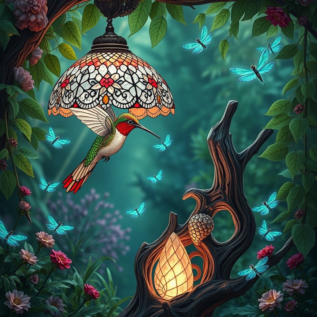 Hummingbird Lampshade in Hidden Garden, Visionary Art