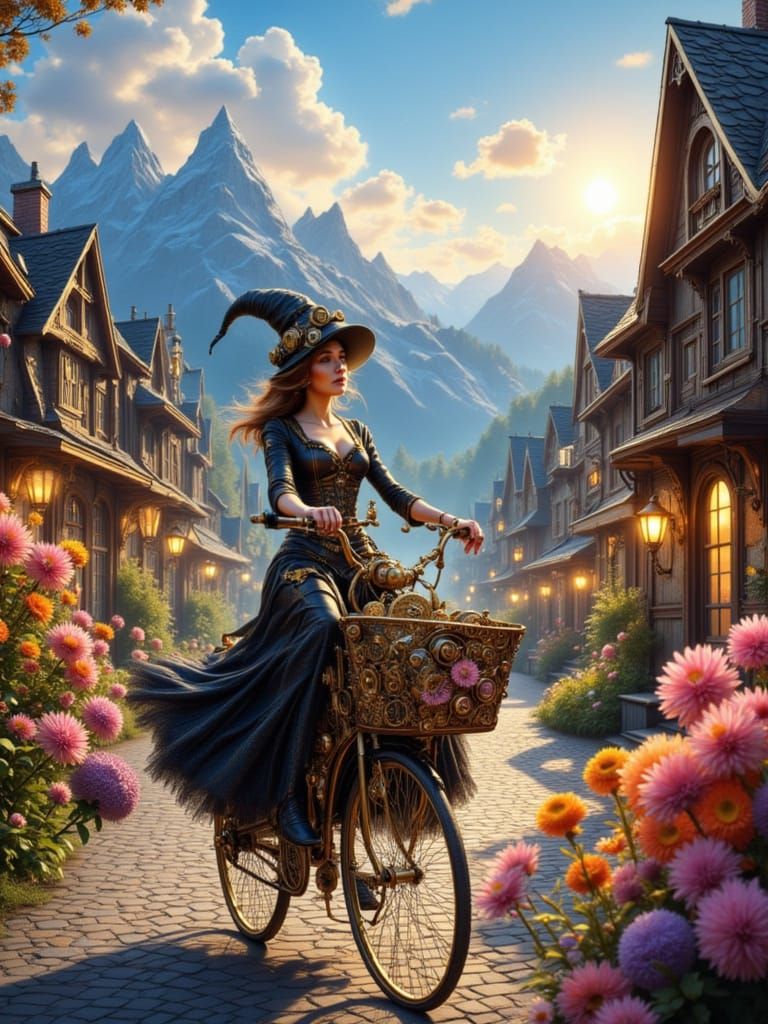 Steampunk Witch Blooms Flowers on Mountain Village Street