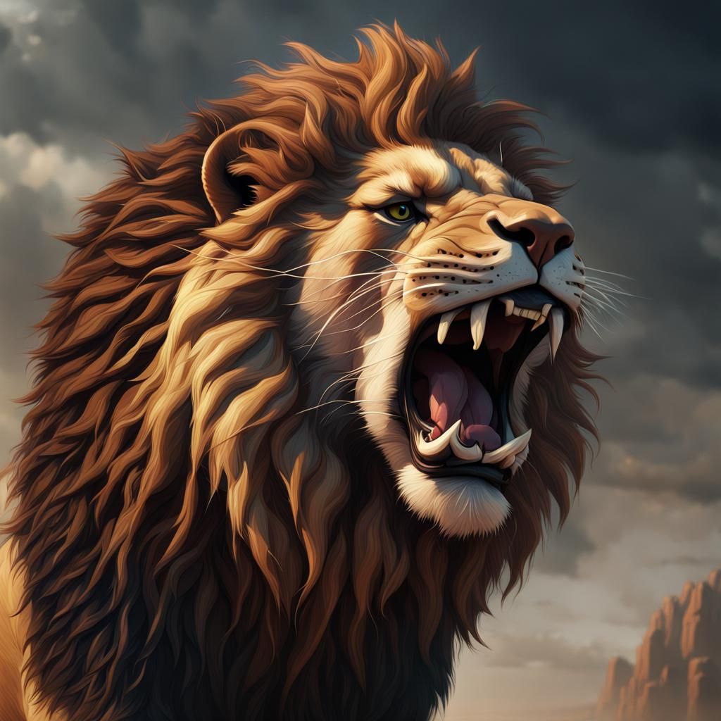 Roaring Lion Side View: Detailed Matte Painting