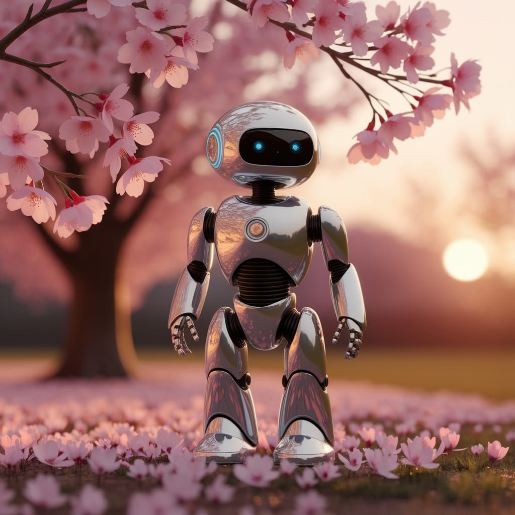 Futuristic Robot Among Cherry Blossoms at Sunset