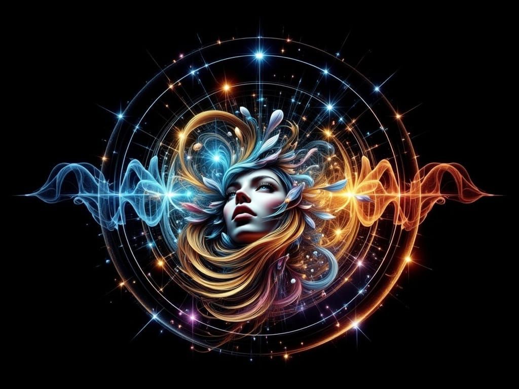 Ethereal Quark Day Goddess in Vibrant Geometric Abstract Art