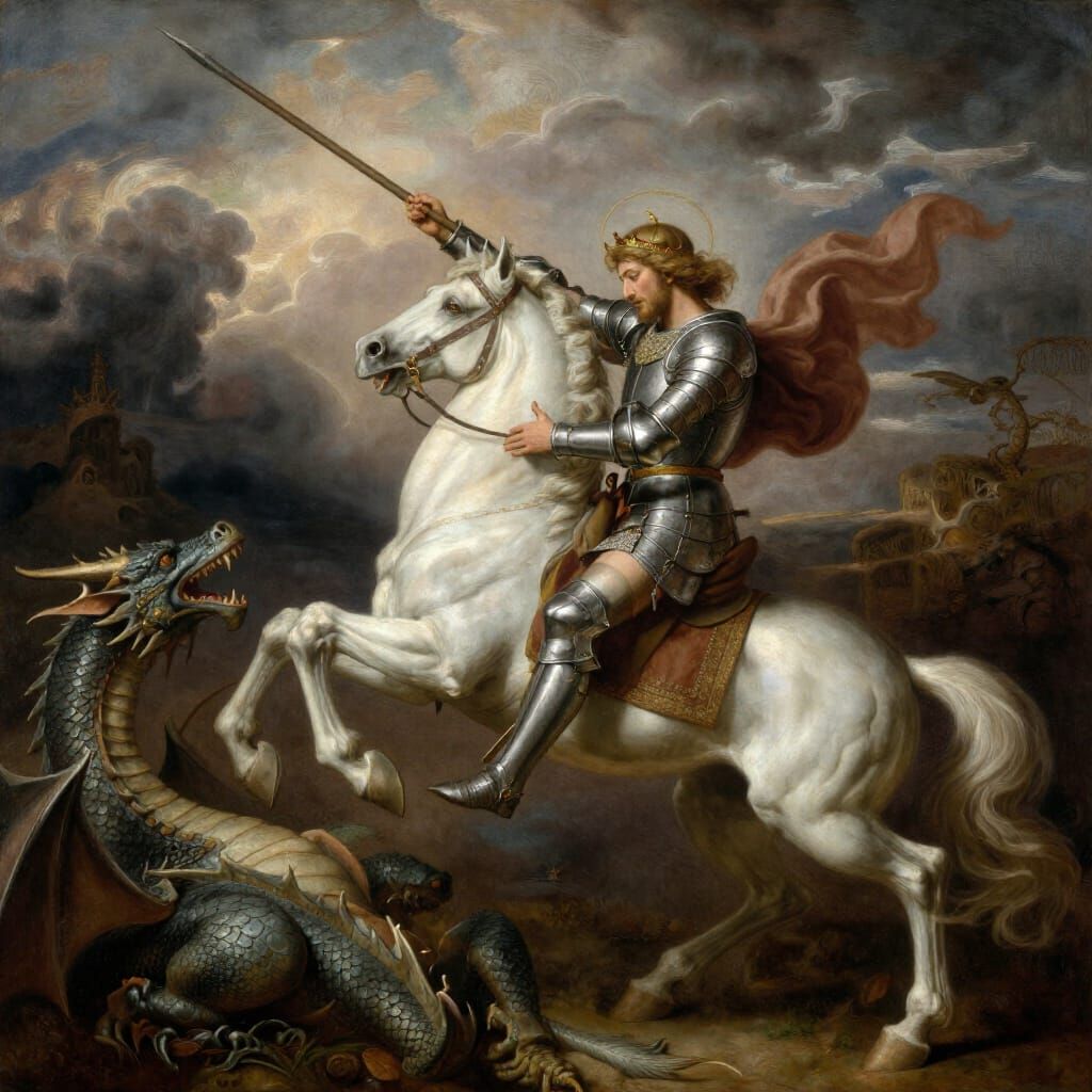 Saint George Battles Dragon in Sfumato Style