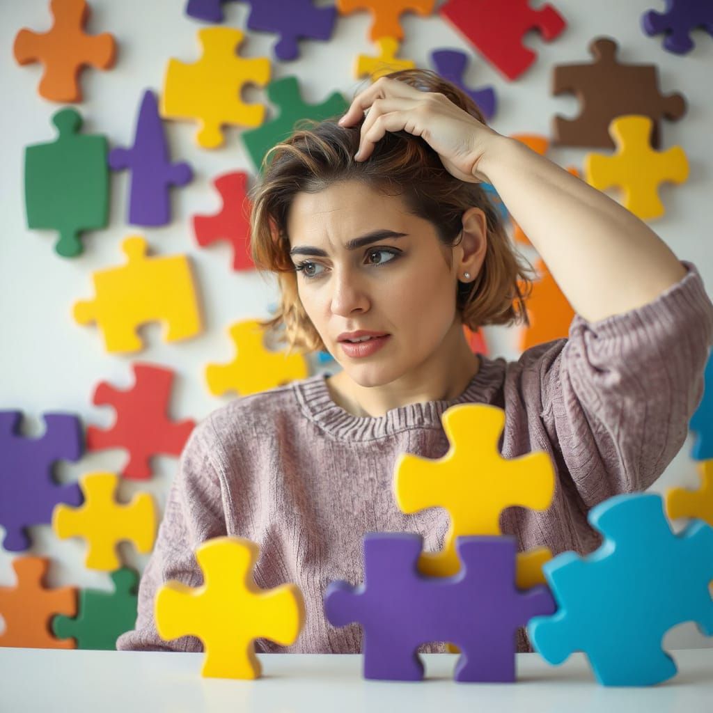 Worried Mother Ponders Colorful Autism Jigsaw Puzzle
