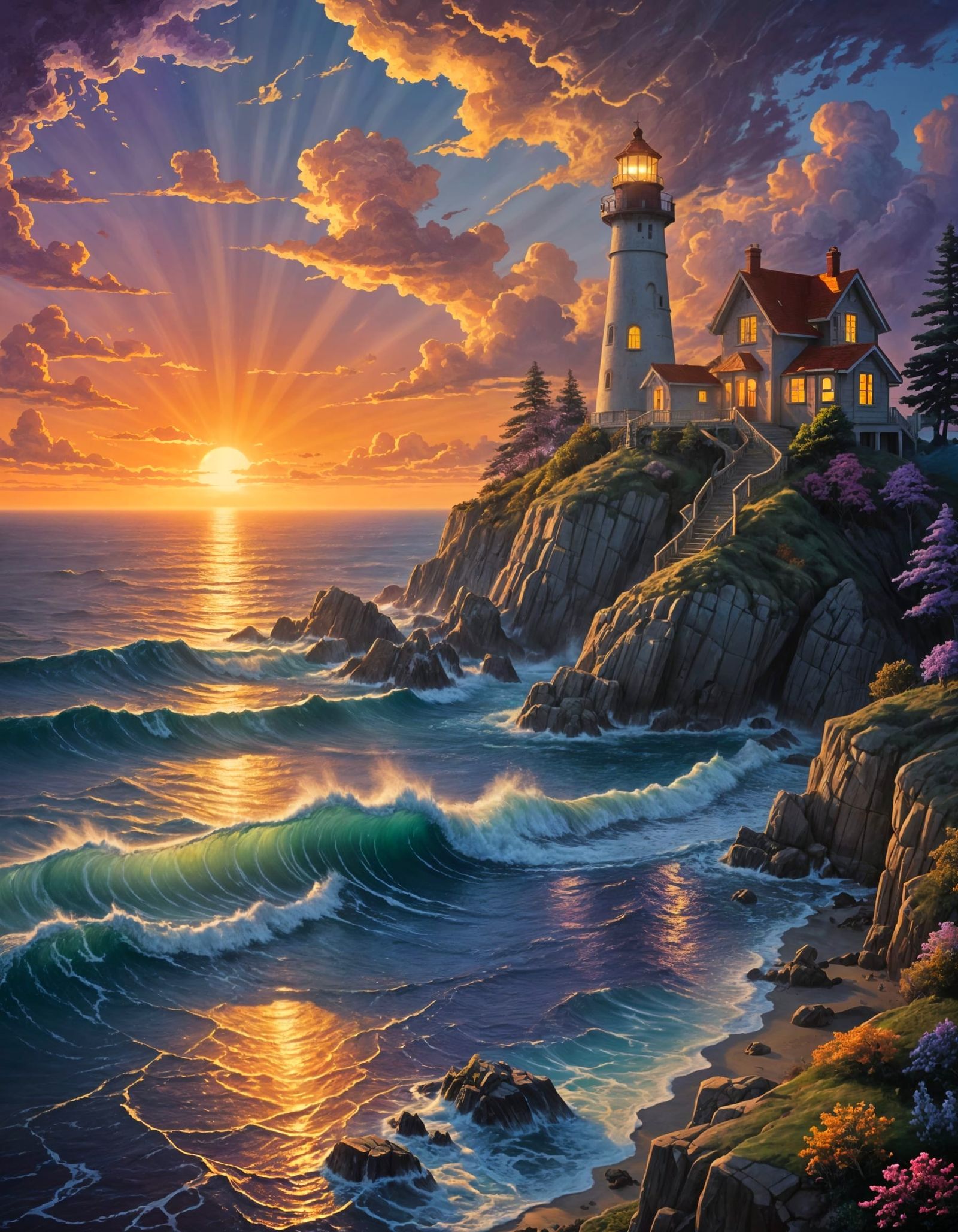 Fantasy Lighthouse with Celestial Vortex, Painterly Style