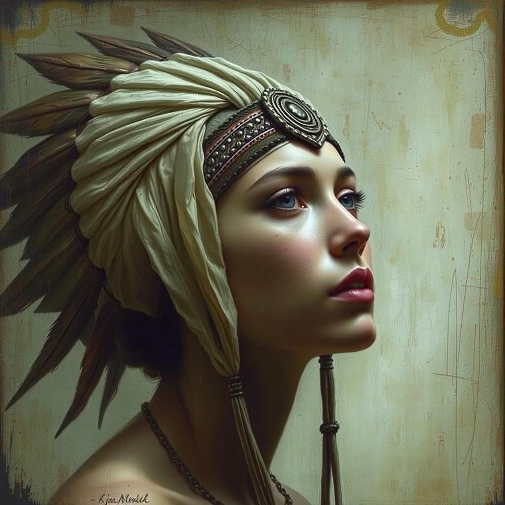 Woman with Headdress in Dark Surrealist Style