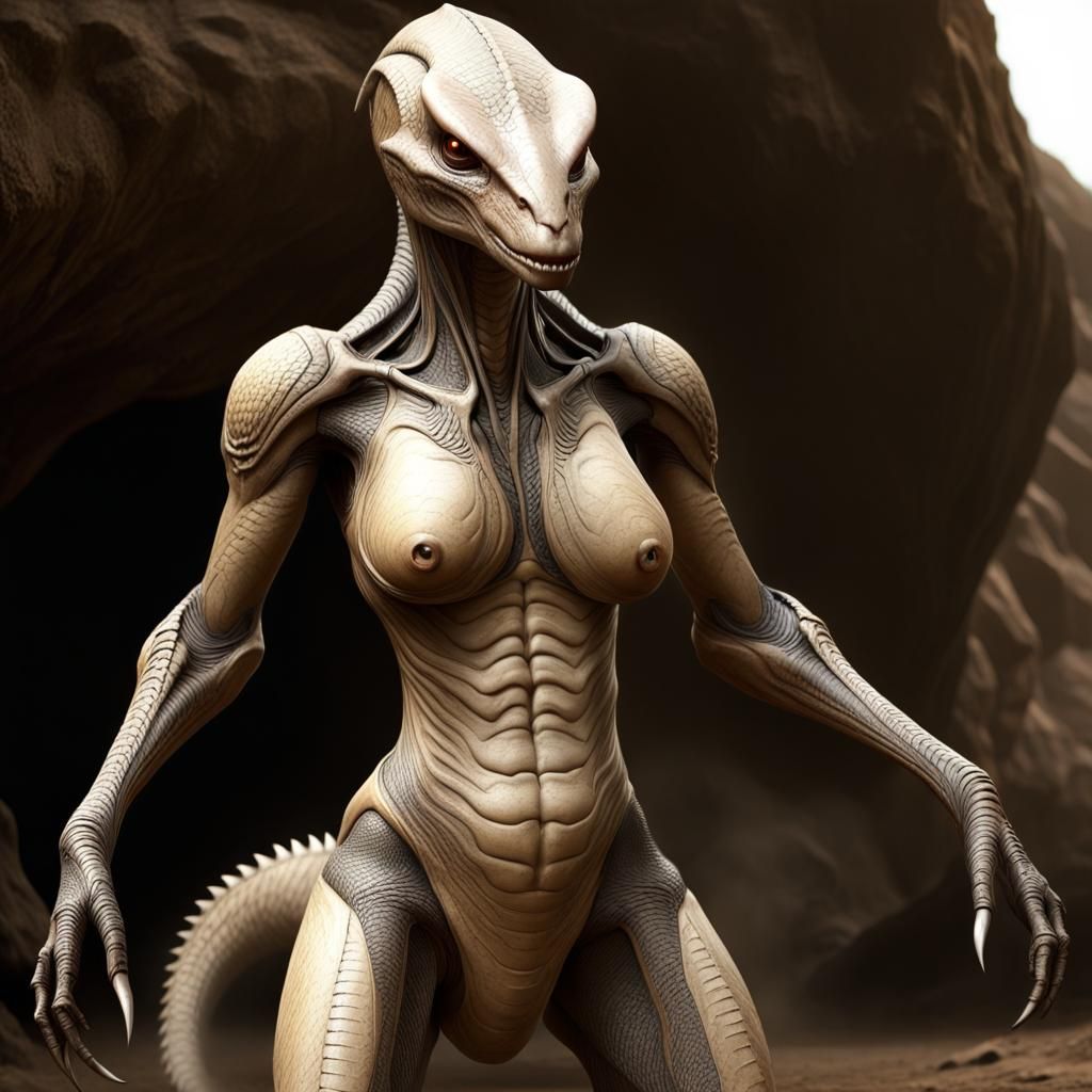 Saurian Alien Matriarch Nursing, Detailed Digital Painting