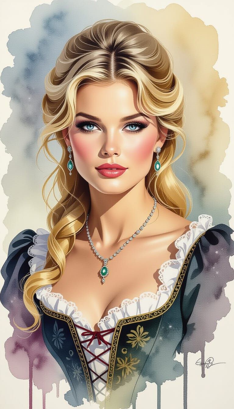 Elegant Ink and Watercolor Portrait of a Blonde Woman