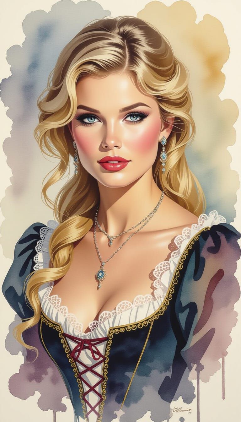 1800s Portrait of Blonde Woman in Ink and Watercolor