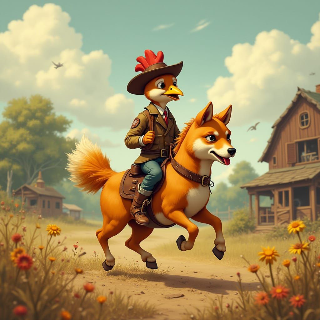 Whimsical Chicken Rider on a Shiba Inu