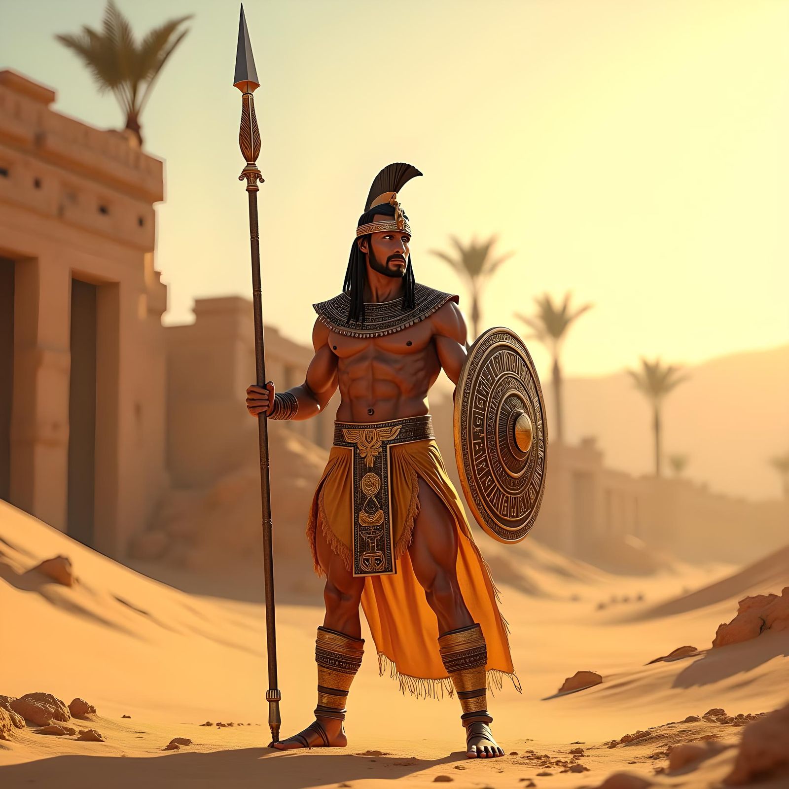 Muscular Egyptian Warrior with Spear and Shield