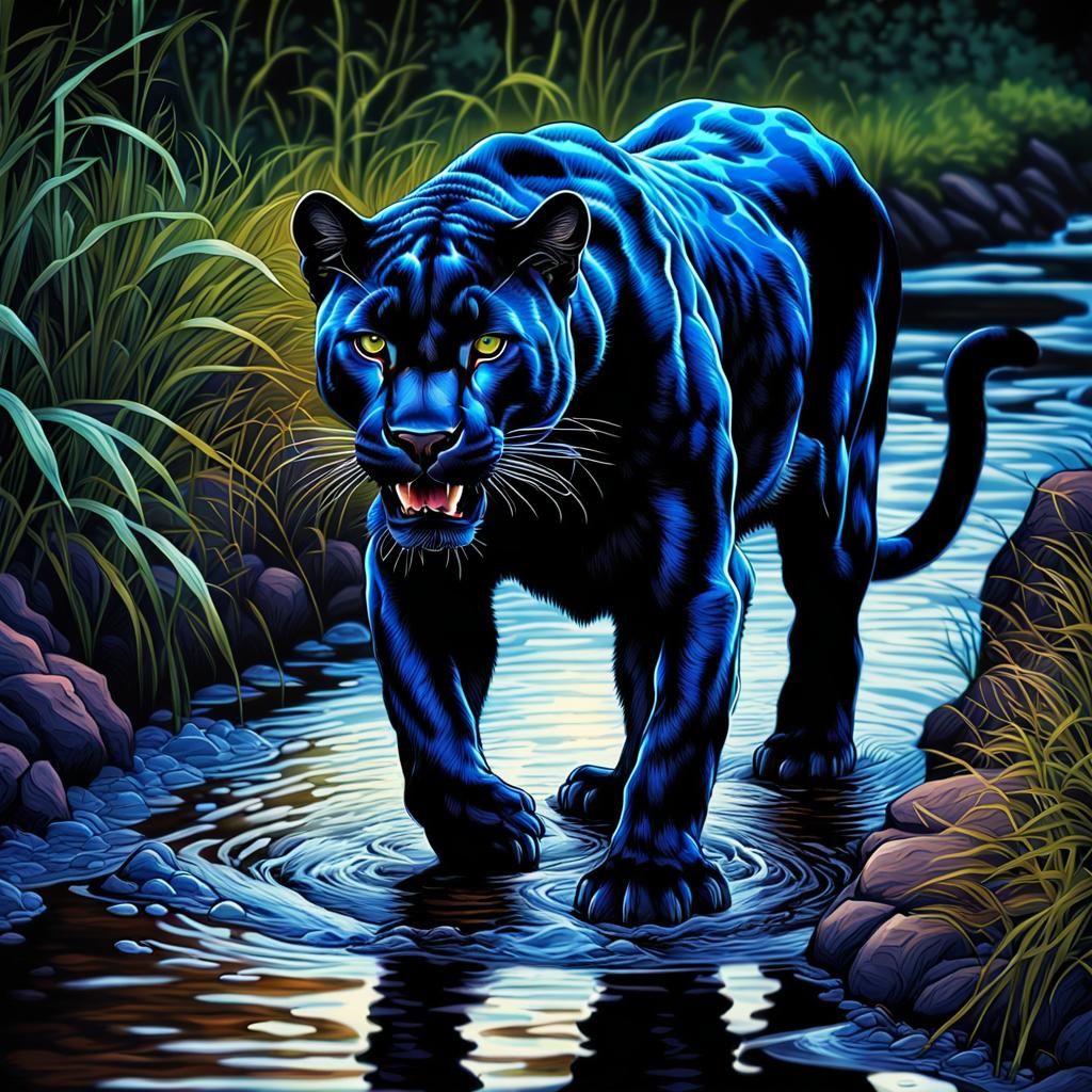 Magnificent Black Panther Drinking at Nightfall