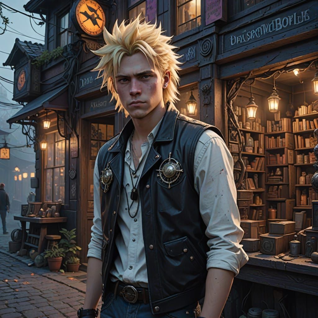 Confident Young Man in Leather Vest and Billowy Shirt Stands...