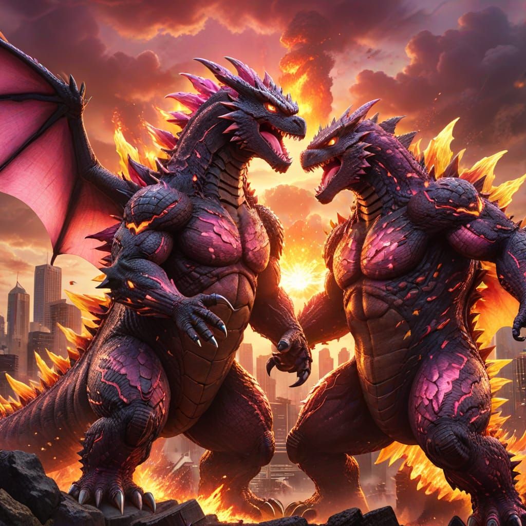 Pink Pokemon vs Godzilla in Anime Style