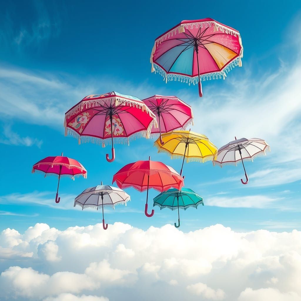 Umbrellas floating in the sky.