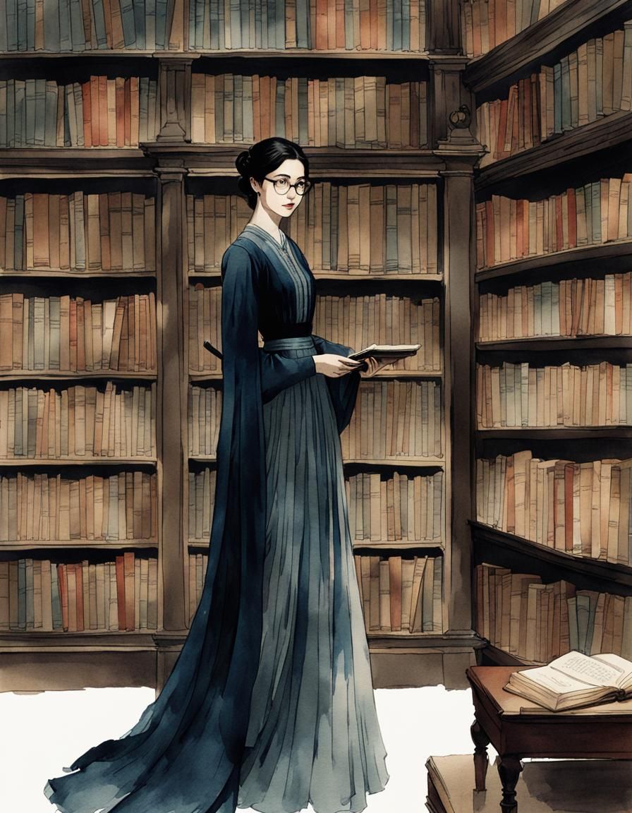 Minimalist Ink-and-Watercolor Portrait in a Library