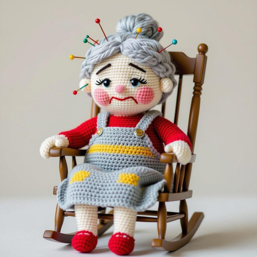 Sad Crochet Woman in Broken Rocking Chair