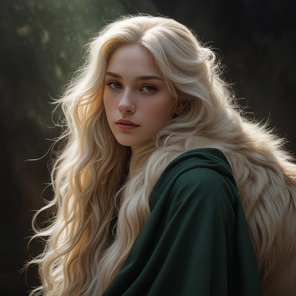 Woman with White Lion in 1800s Romantic Style