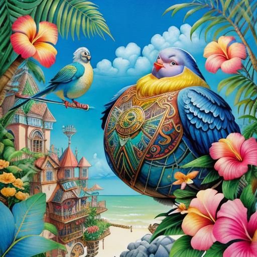 Whimsical Tropical Beach Bird Babysitters, Watercolor Illust...