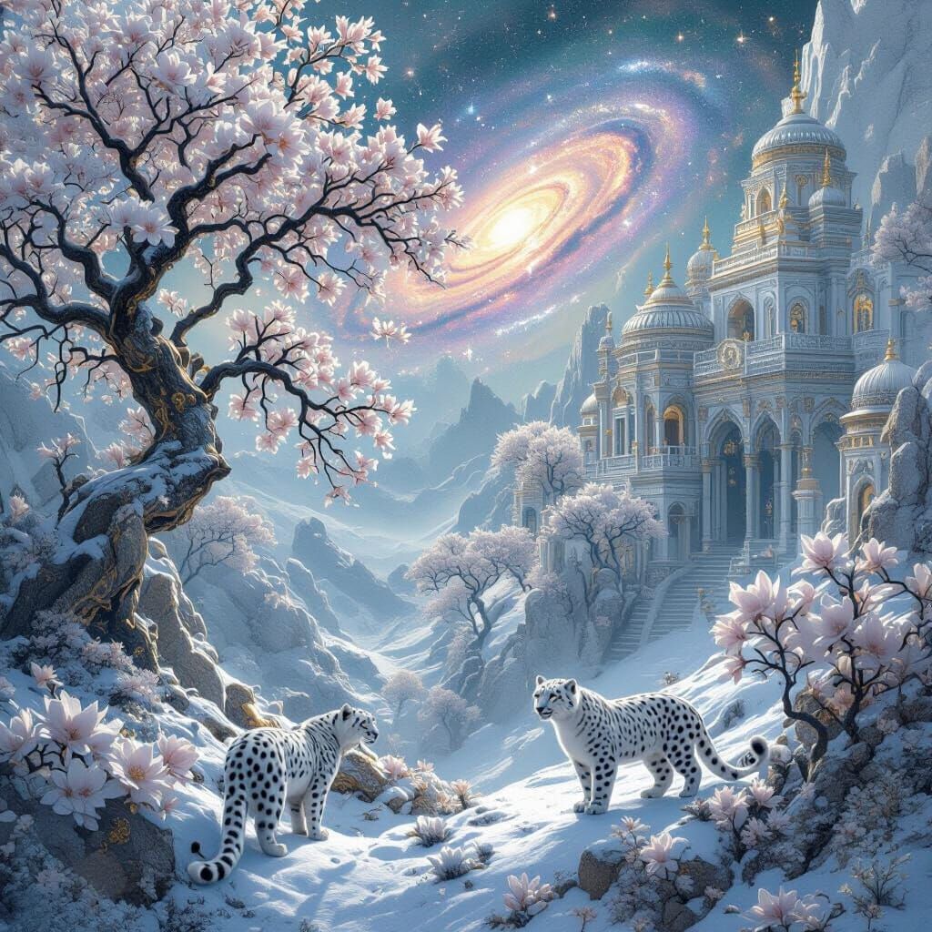 Mystical Otherworldly Landscape with Snow Leopards