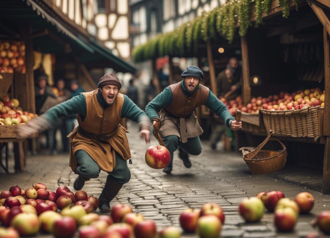 Medieval Market Chase: Guards and Apple Thief