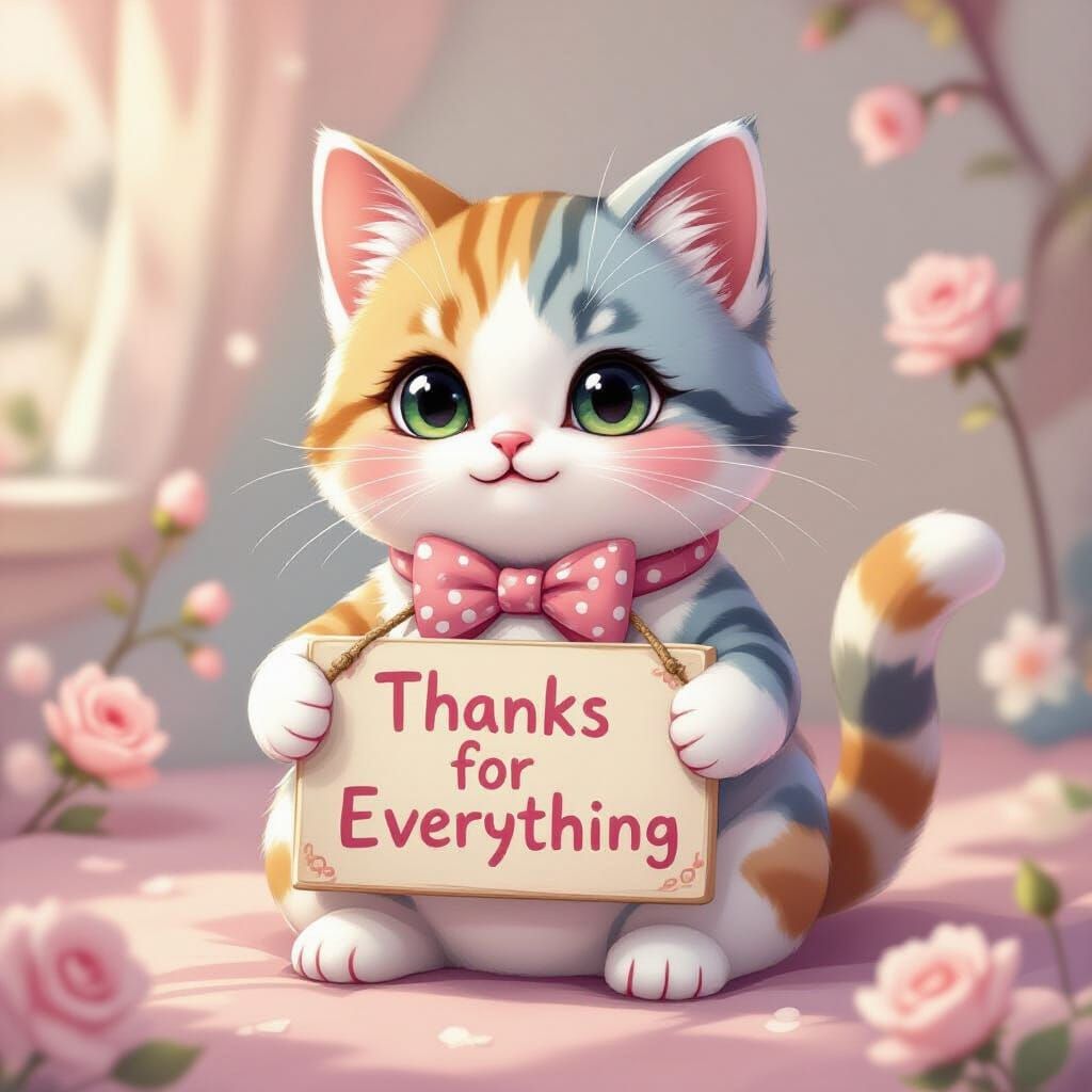 Kawaii Cat with "Thanks" Sign in Dreamy Pastel Setting