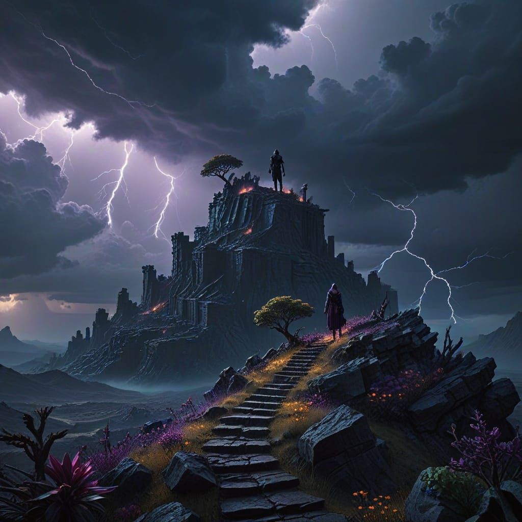 Wanderer on Alien Ziggurat Under Stormy Sky