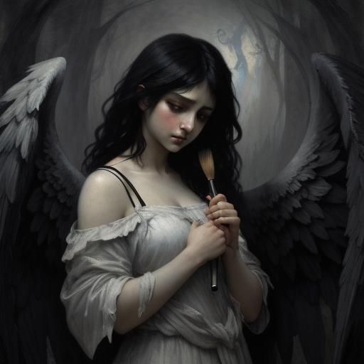 Dark Angel with Torn Wings Painting