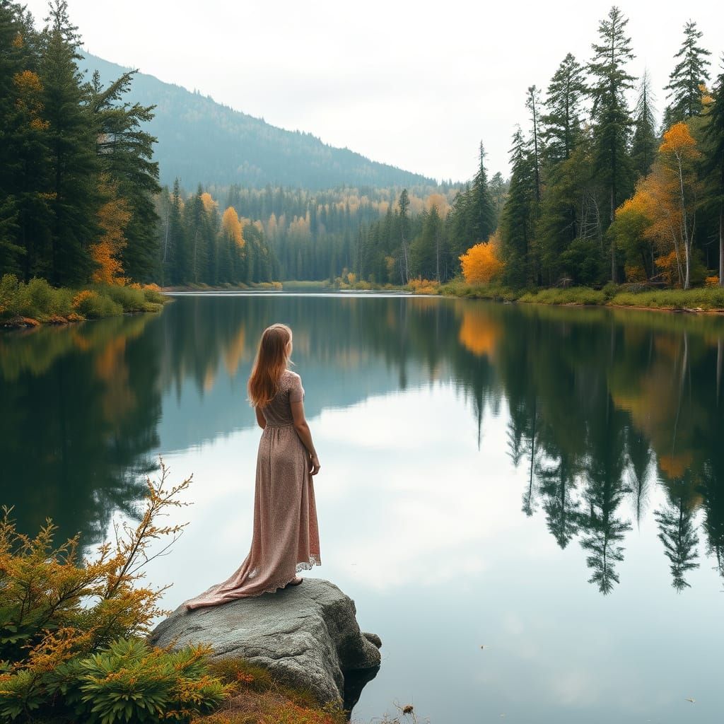 Woman Surrounded by Siberian Tayga Forest Landscape