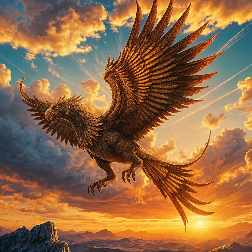 Griffin Soaring at Sunset: Fantasy Art