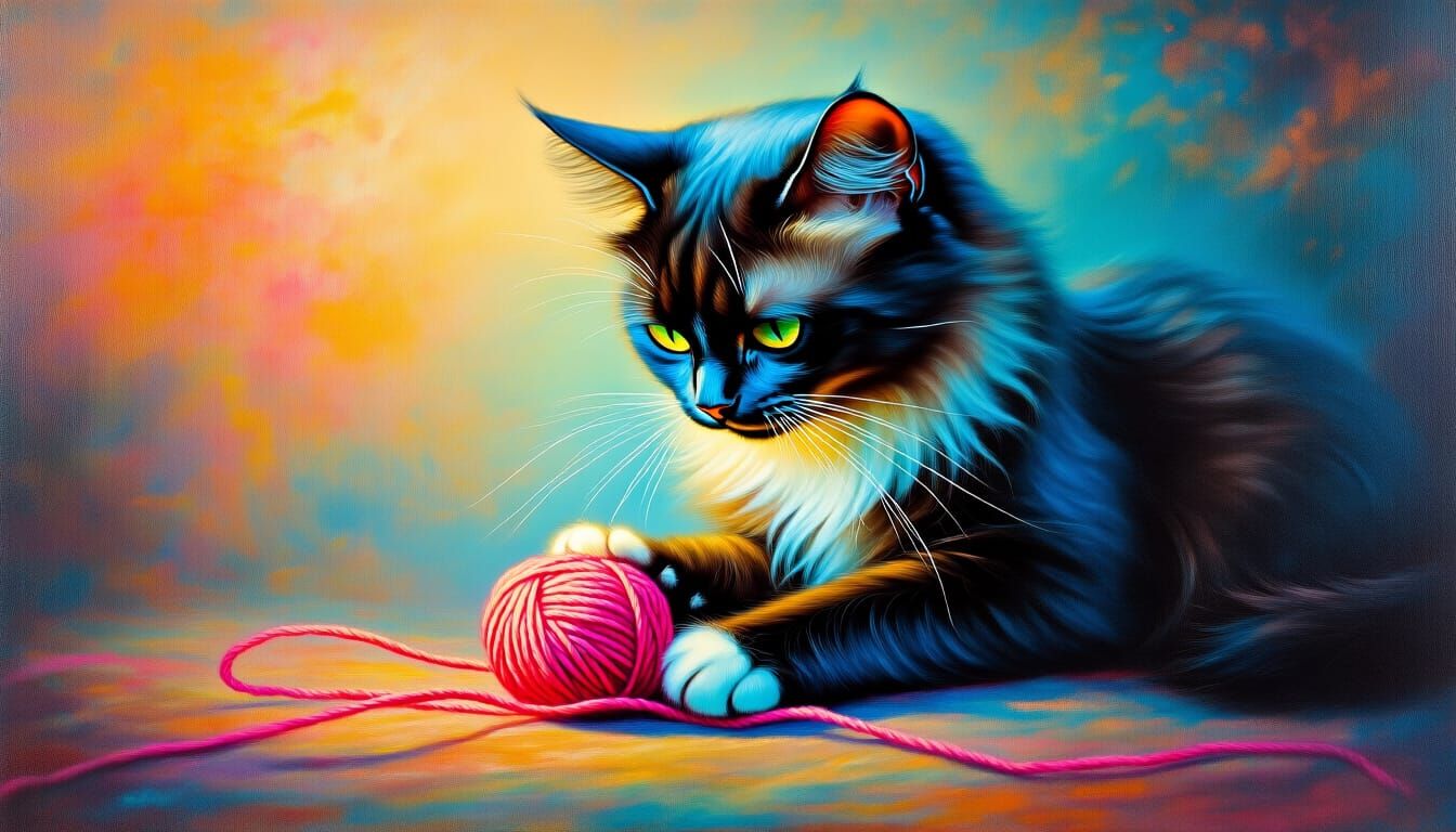 Cat Playing with Yarn in Vibrant Pastels