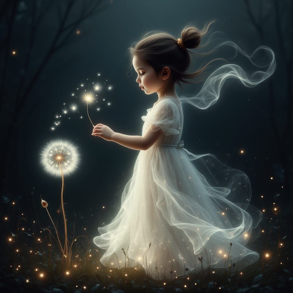 Ethereal Girl Blowing Dandelion Seeds as Digital Art