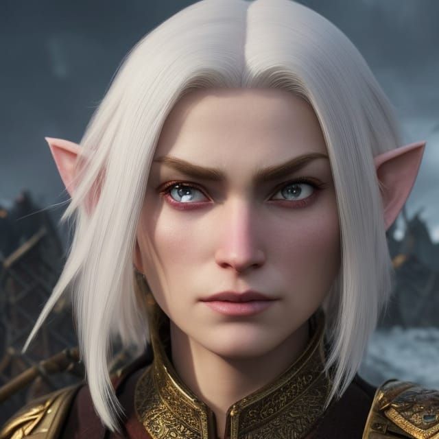 Nâr, The Rogue Halfling Girl. Pale skin, medium length white hair, pink eyes, round face. Solemn, quiet, reserved. head ...