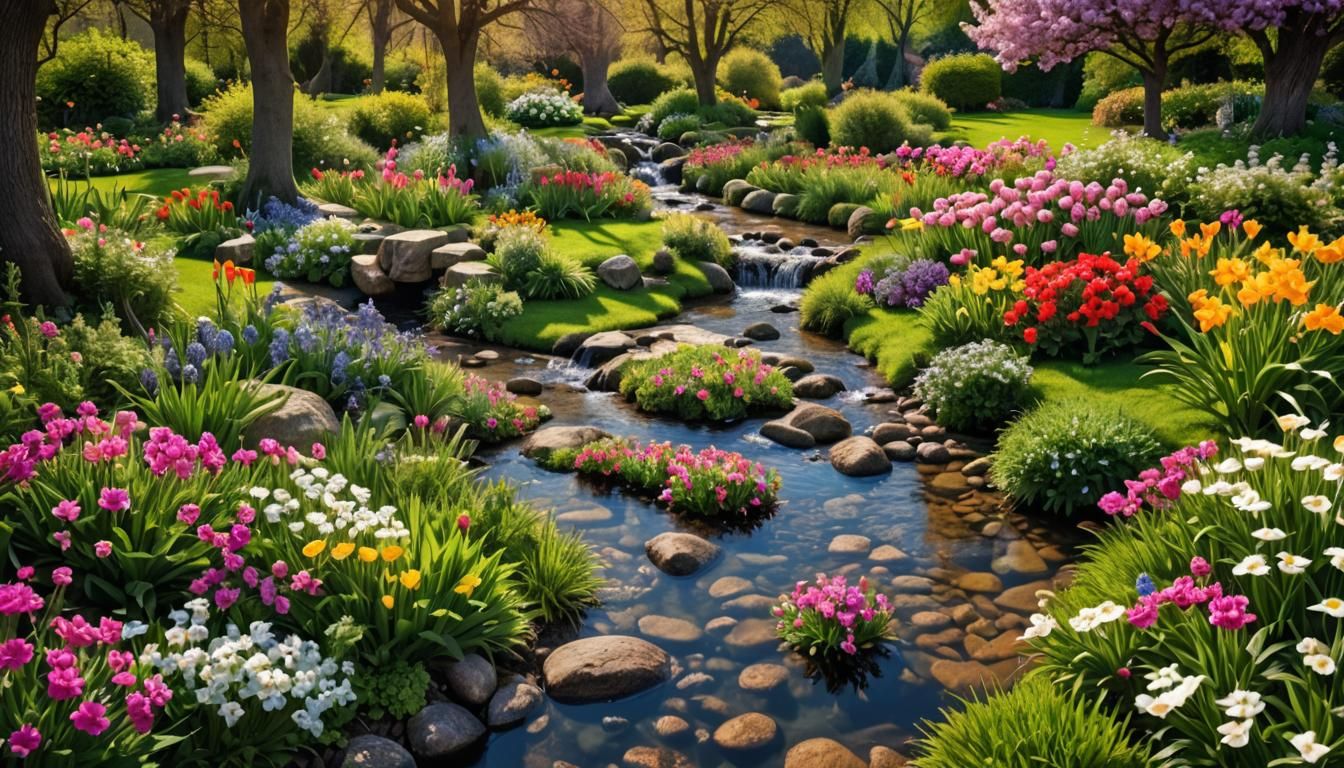 Lush Flowery Garden with Stream in Spring
